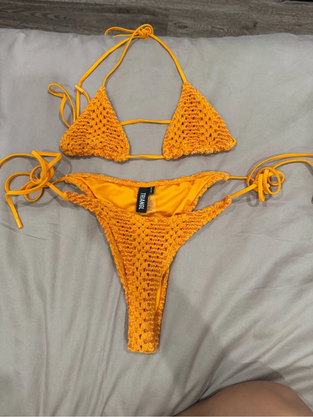 triangl swimwear Orange Crochet Triangle Bikini set, small top medium bottom